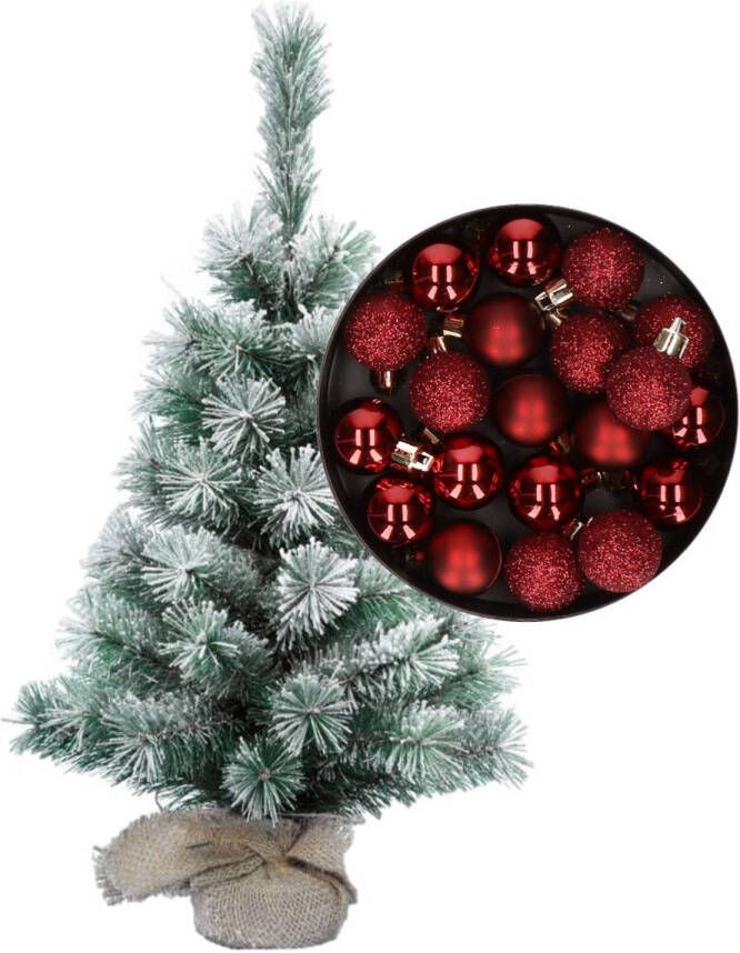 Merkloos Besneeuwde mini kerstboom kunst kerstboom 35 cm met kerstballen donkerrood Kunstkerstboom