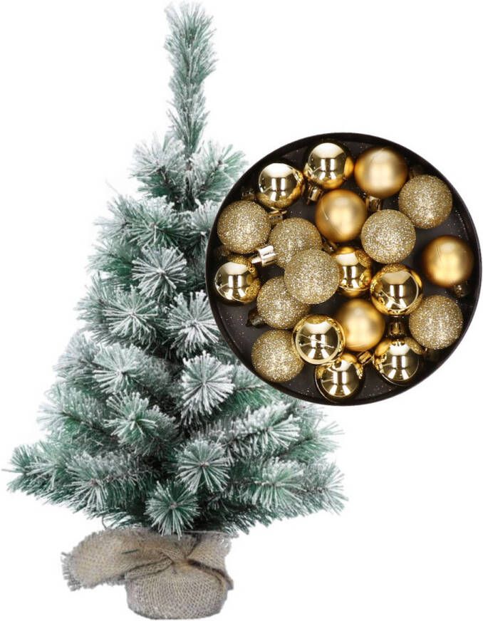 Merkloos Besneeuwde mini kerstboom kunst kerstboom 35 cm met kerstballen goud Kunstkerstboom