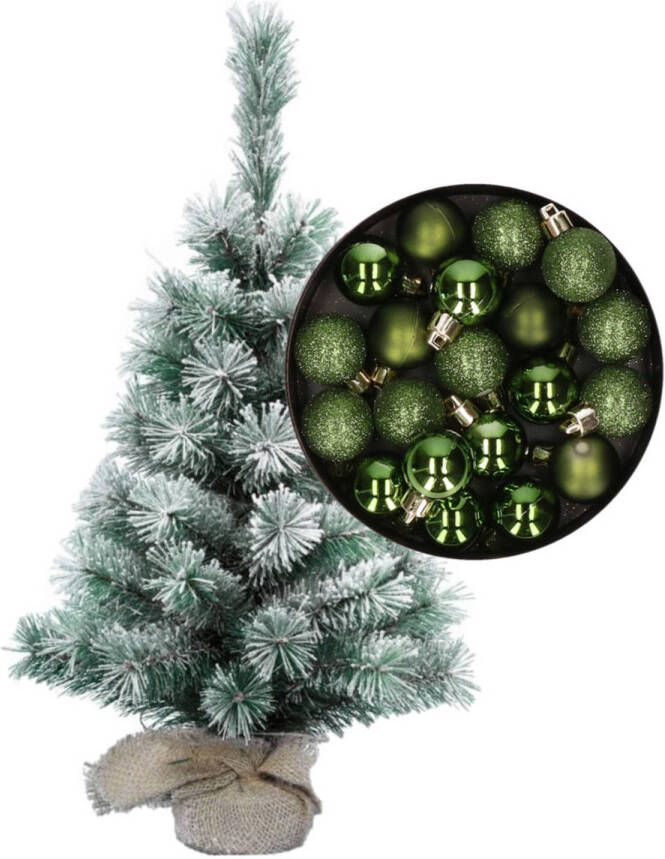 Merkloos Besneeuwde mini kerstboom kunst kerstboom 35 cm met kerstballen groen Kunstkerstboom