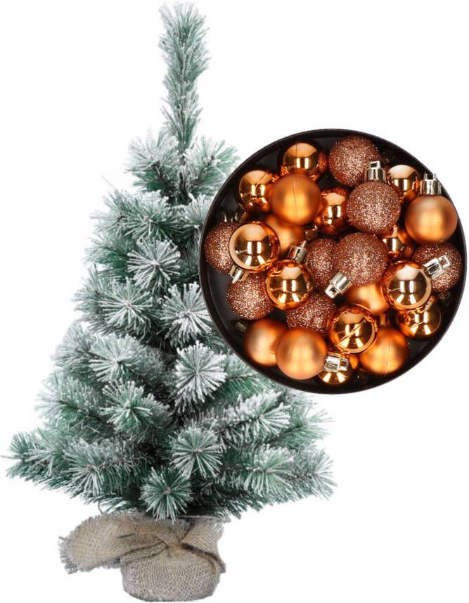 Merkloos Besneeuwde mini kerstboom kunst kerstboom 35 cm met kerstballen koper Kunstkerstboom