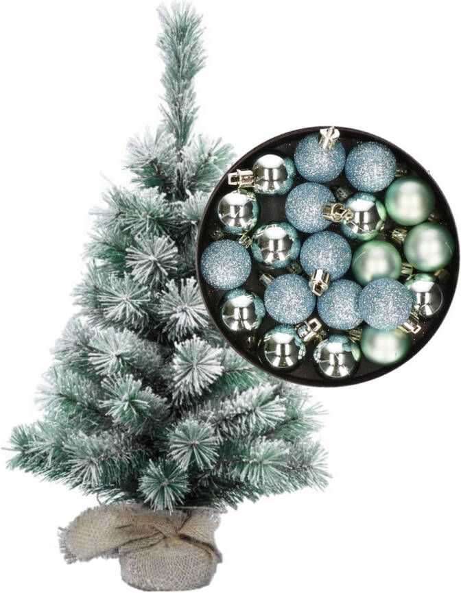 Merkloos Besneeuwde mini kerstboom kunst kerstboom 35 cm met kerstballen mintgroen Kunstkerstboom