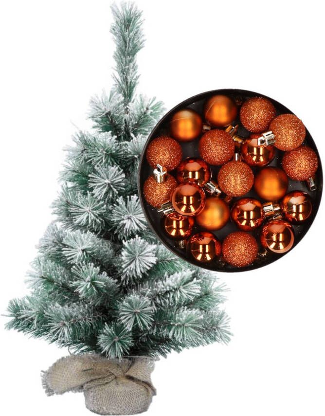 Merkloos Besneeuwde mini kerstboom kunst kerstboom 35 cm met kerstballen oranje Kunstkerstboom