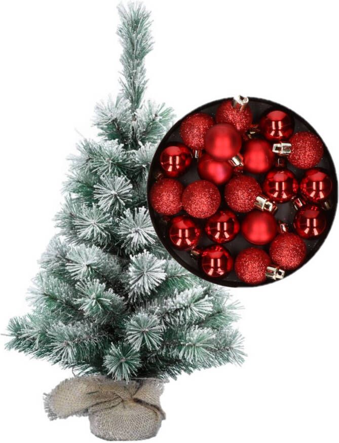 Merkloos Besneeuwde mini kerstboom kunst kerstboom 35 cm met kerstballen rood Kunstkerstboom