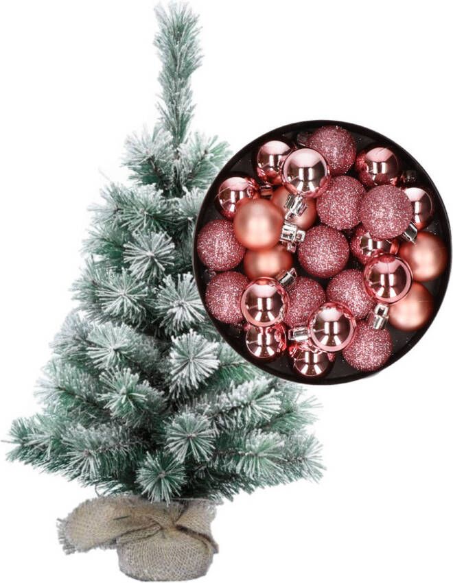 Merkloos Besneeuwde mini kerstboom kunst kerstboom 35 cm met kerstballen roze Kunstkerstboom