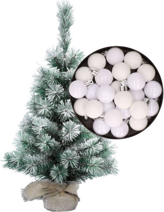 Merkloos Besneeuwde mini kerstboom kunst kerstboom 35 cm met kerstballen wit Kunstkerstboom