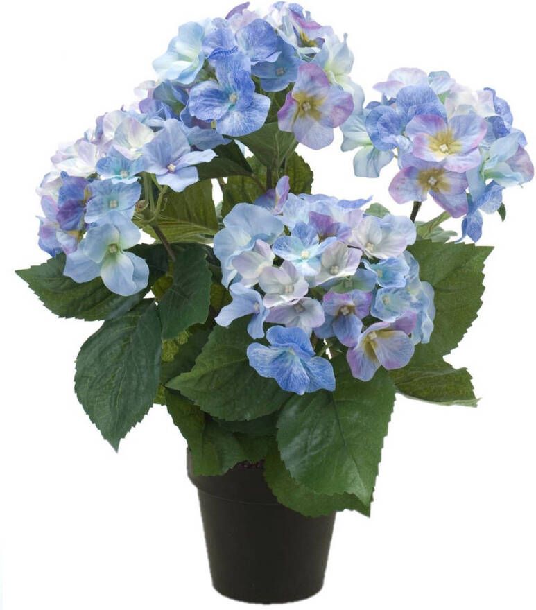 Merkloos Blauwe hortensia kunstplant in kunststof pot 40 cm Hydrangea Macrophylla Woondecoratie accessoires Kunstplanten Nepplanten Hortensia planten in pot Kunstplanten