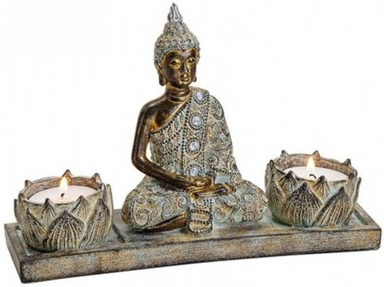 Merkloos Decoratie boeddha beeld met twee theelichthouder bruin 20 cm Beeldjes
