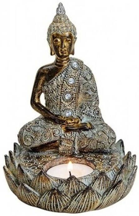 Merkloos Decoratie boeddha beeld met theelichthouder bruin 15 cm Beeldjes