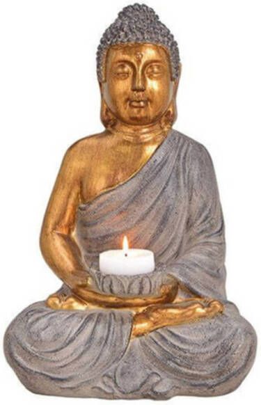Merkloos Boeddha beeld theelichthouders windlichten bruin goud 41 cm Beeldjes