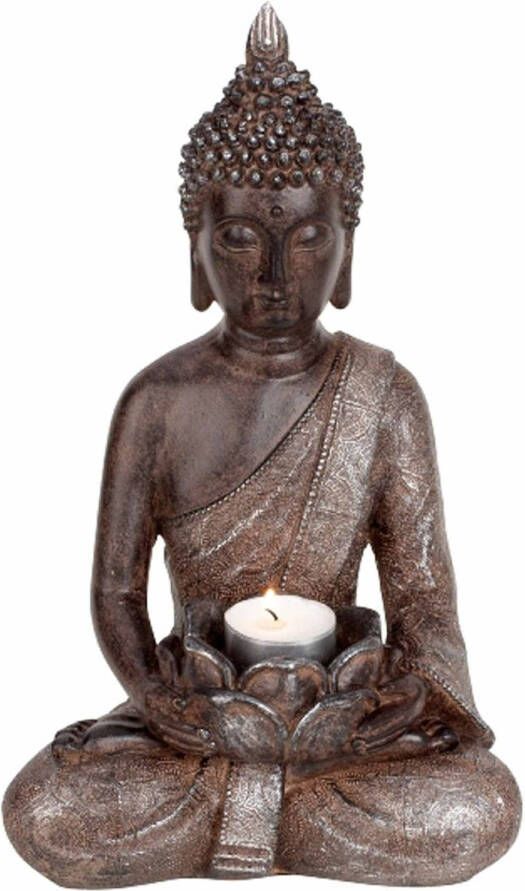 Merkloos Boeddha beeldje met theelichthouder binnen buiten kunststeen antiek bruin 30 x 18 cm Beeldjes