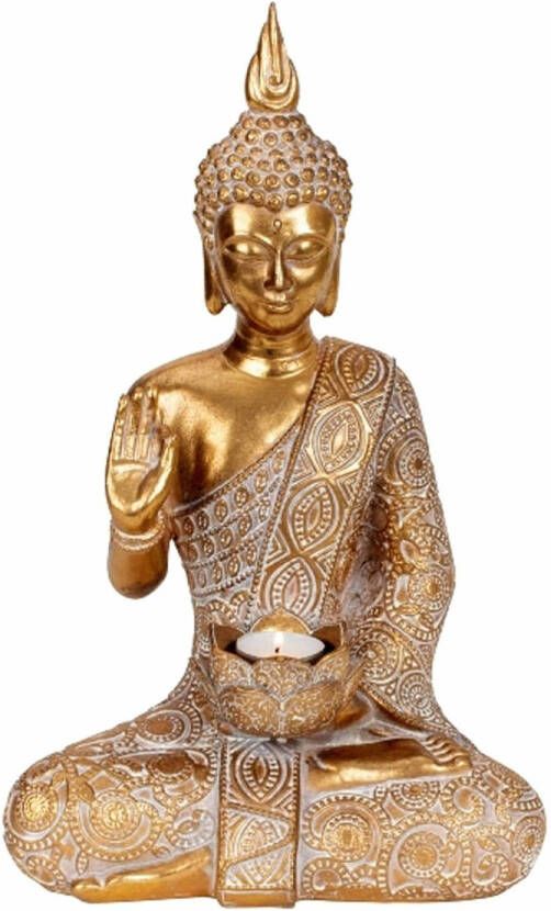 Merkloos Boeddha beeldje met theelichthouder binnen buiten kunststeen goud 38 x 23 cm Beeldjes