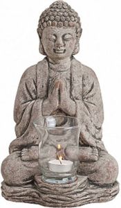 Merkloos Boeddha beeldje theelichthouder grijs 30 cm Beeldjes