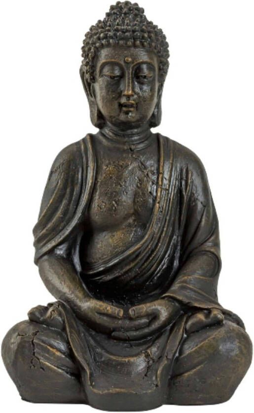 Merkloos Boeddha beeldje zittend binnen buiten kunststeen antiek bruin 30 x 20 cm Beeldjes