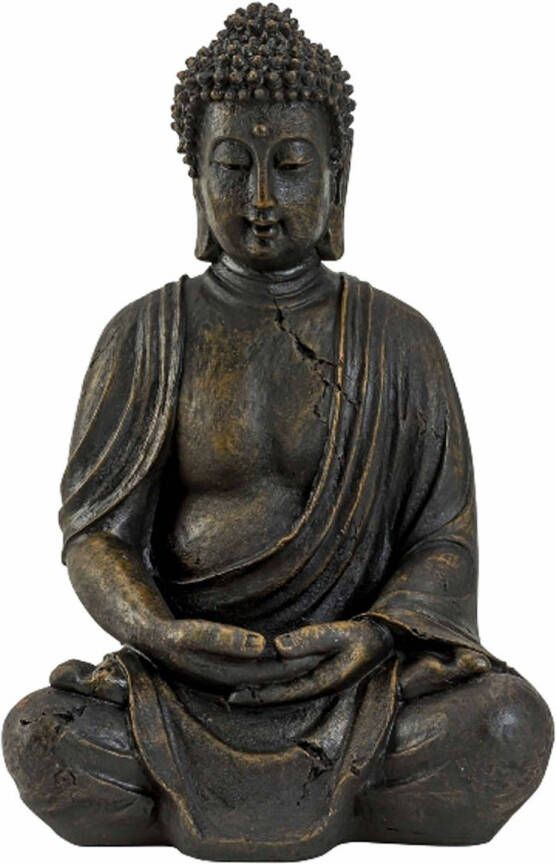 Merkloos Boeddha beeldje zittend binnen buiten kunststeen antiek bruin 38 x 25 cm Beeldjes