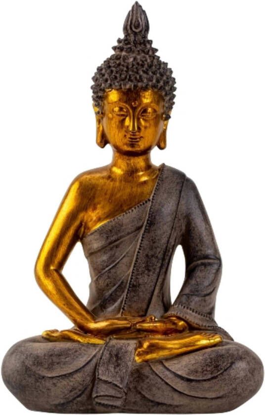 Merkloos Boeddha beeldje zittend binnen buiten kunststeen betongrijs goud 26 x 17 cm Beeldjes