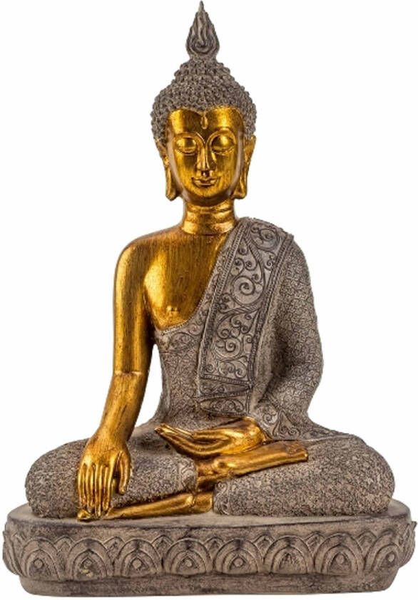 Merkloos Boeddha beeldje zittend binnen buiten kunststeen betongrijs goud 27 x 39 cm Beeldjes