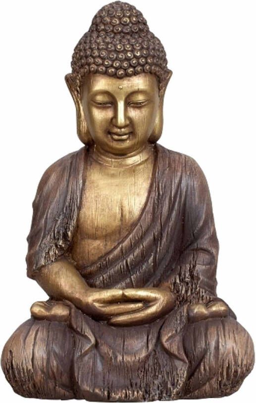 Merkloos Boeddha beeldje zittend binnen buiten kunststeen bruin goud 30 x 45 cm Beeldjes