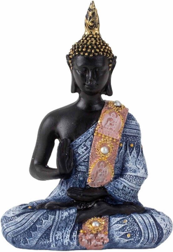 Merkloos Boeddha beeldje zittend binnen buiten kunststeen zwart blauw 15 x 10 cm Beeldjes