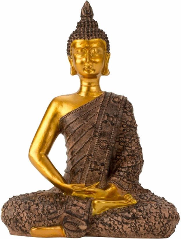 Merkloos Boeddha beeldje zittend binnen buiten kunststeen zwart goud 17 x 23 cm Beeldjes