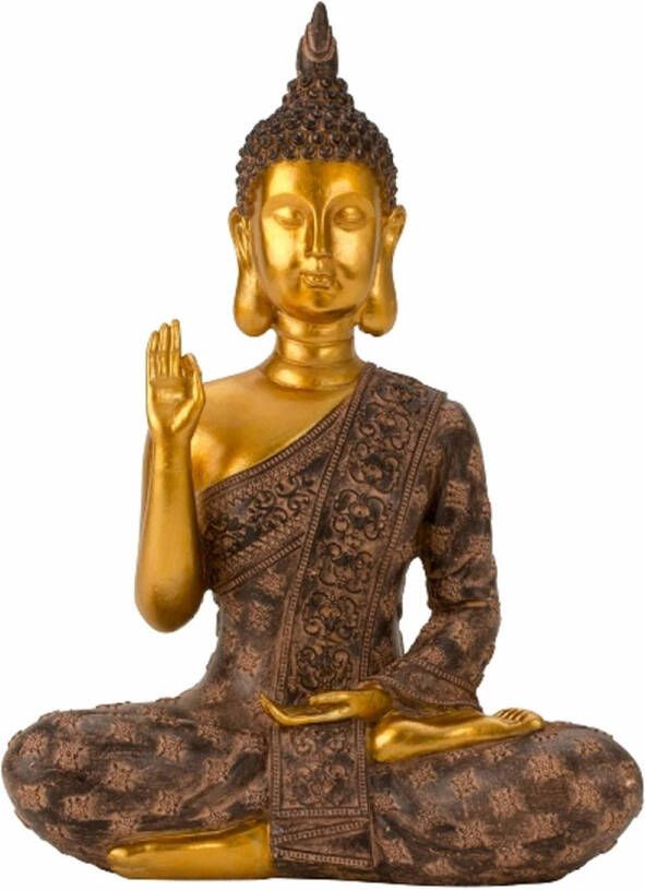 Merkloos Boeddha beeldje zittend binnen buiten kunststeen zwart goud 20 x 28 cm Beeldjes