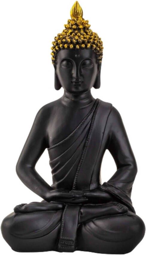 Merkloos Boeddha beeldje zittend binnen buiten kunststeen zwart goud 30 x 17 cm Beeldjes