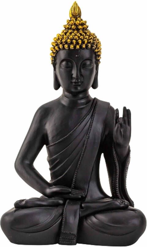 Merkloos Boeddha beeldje zittend binnen buiten kunststeen zwart goud 31 x 18 cm Beeldjes
