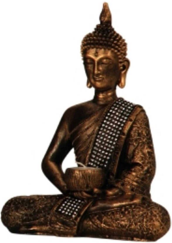 Merkloos Boeddha decoratie beeldje met kaarshouder kunststeen goud 26 x 20 cm Beeldjes