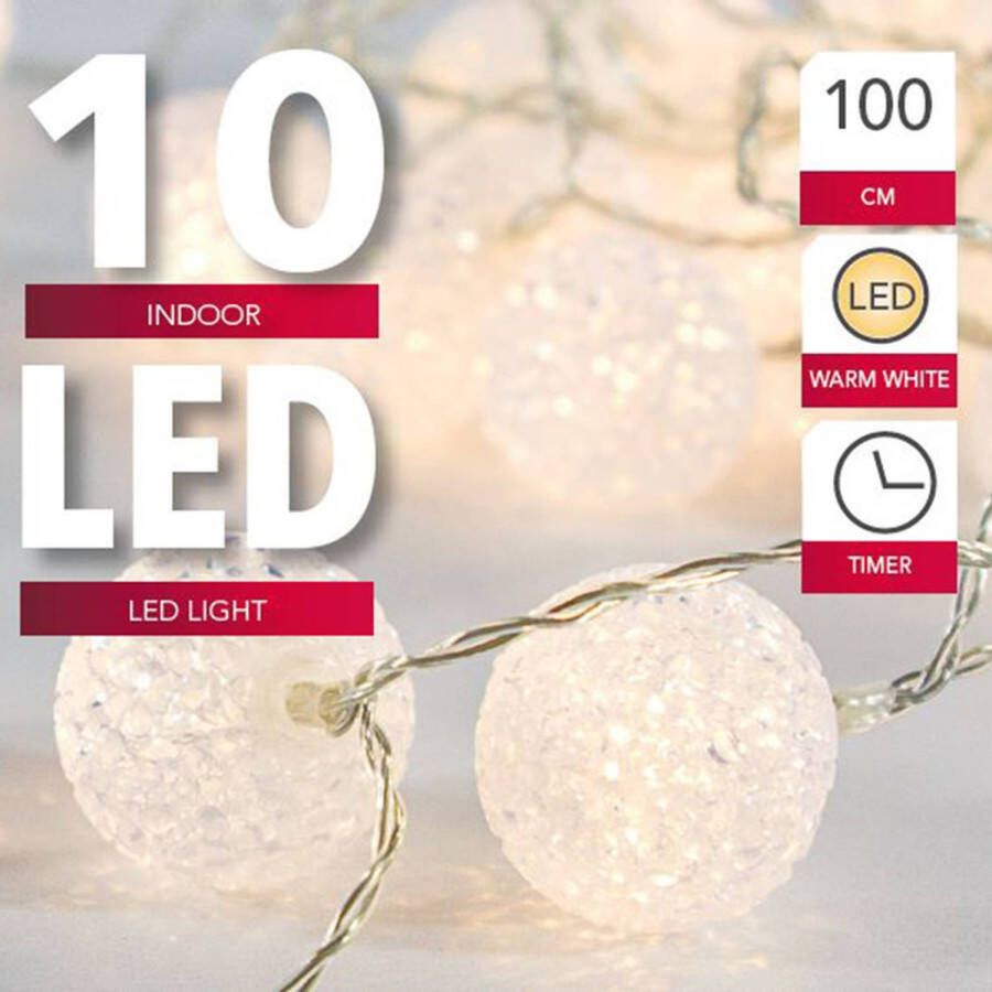 Merkloos Lichtsnoer met 10 witte bolletjes warm wit op batterij met timer 135 cm Kerstverlichting sfeerverlichting lichtsnoer met bolletjes Lichtsnoeren
