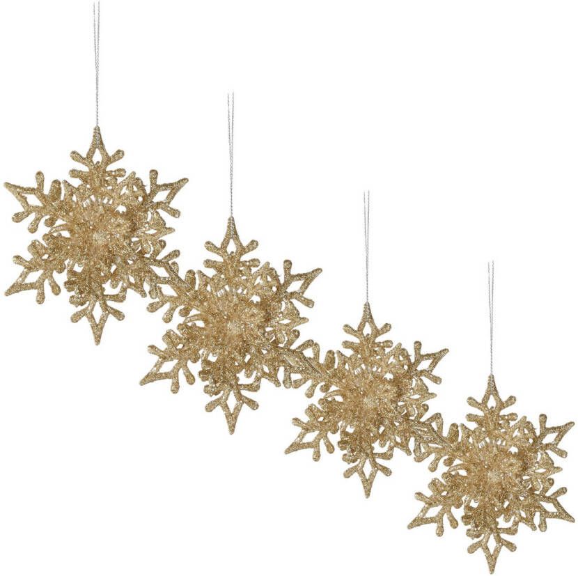Merkloos Christmas Decoration kersthangers sneeuwvlokken 4x -champagne -11 5 cm Kersthangers