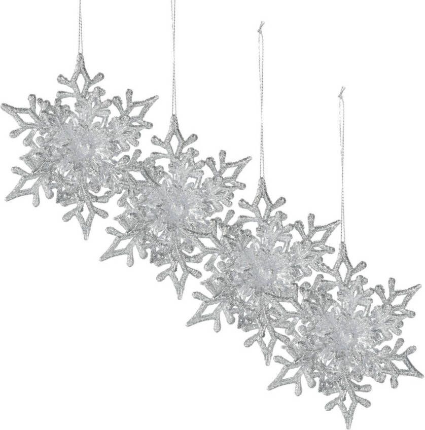 Merkloos Christmas Decoration kersthangers sneeuwvlokken 4x -zilver -11 5 cm Kersthangers