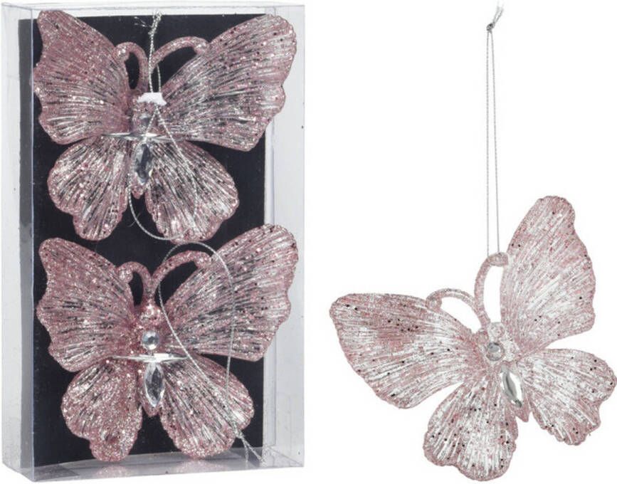 Merkloos Christmas Decoration kersthangers vlinders 2x -transparant roze 15 cm Kersthangers