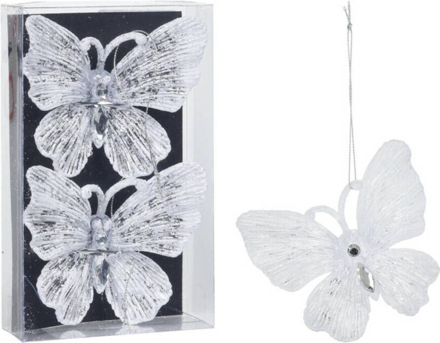 Merkloos Christmas Decoration kersthangers vlinders 2x -transparant wit 15 cm Kersthangers