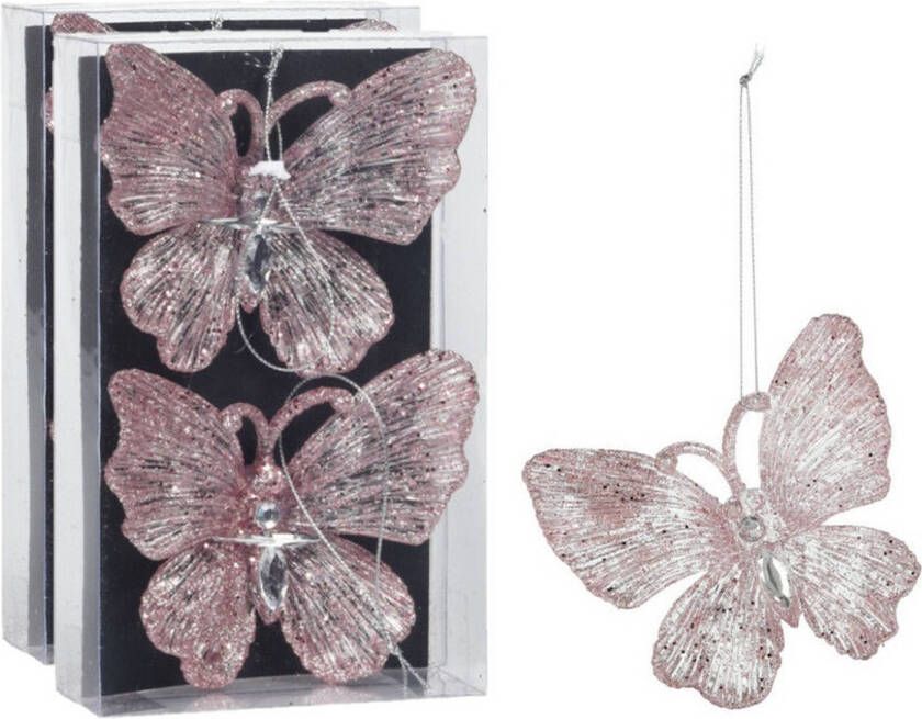 Merkloos Christmas Decoration kersthangers vlinders 4x -transparant roze 15 cm Kersthangers