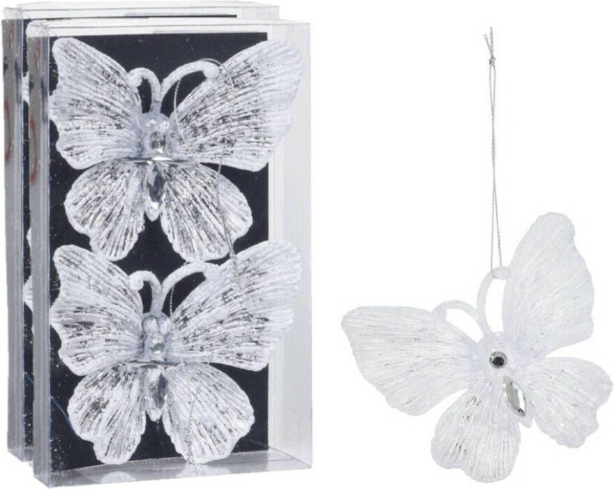 Merkloos Christmas Decoration kersthangers vlinders 4x -transparant wit 15 cm Kersthangers