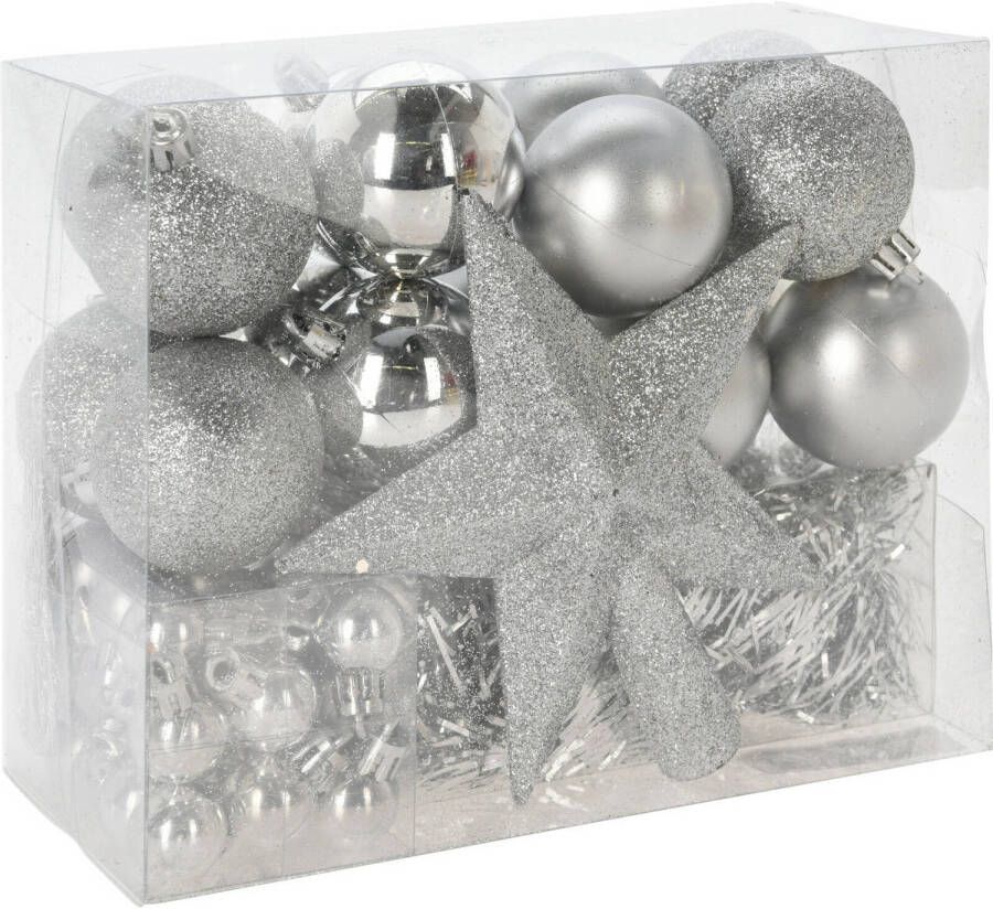 Merkloos Christmas Decorations kerstballen set 54-dlg zilver voor kleine boom Kerstbal
