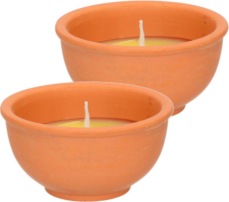 Merkloos Citronella kaarsen in terracotta schaaltje 2x 11 branduren citrusgeur geurkaarsen
