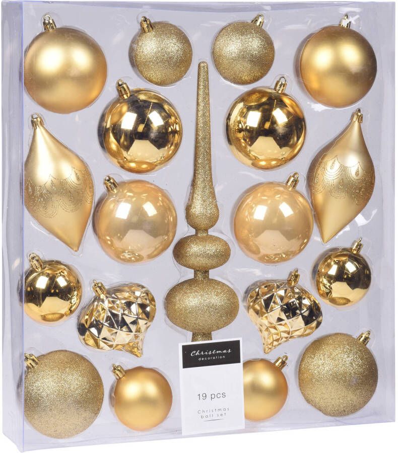 Merkloos Compleet kerstballenpakket gouden kunststof kerstballen met piek 19-delig Kerstbal