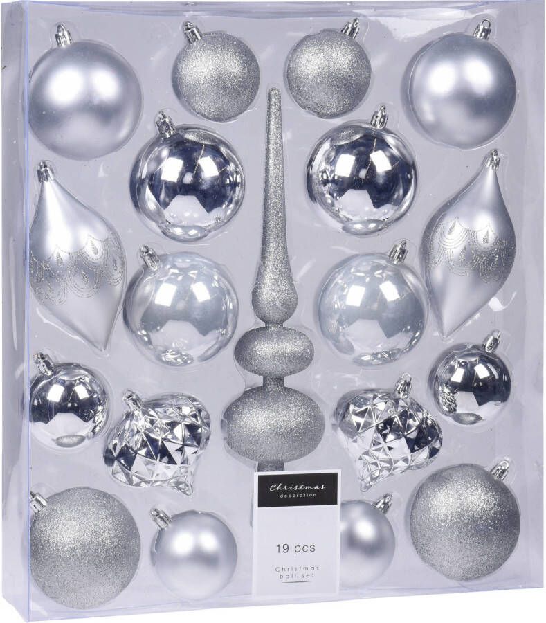Merkloos Compleet kerstballenpakket zilveren kunststof kerstballen met piek 19-delig Kerstbal