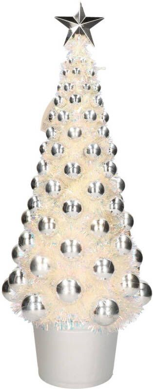 Merkloos Kunst Kerstboompje met balletjes en verichting op batterijen zilver grijs 60 cm Kunstkerstboom
