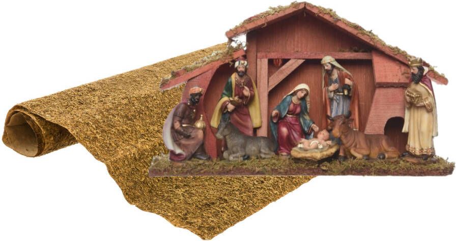 Merkloos Complete kerststal inclusief 8 beelden en ondergrond 40 cm Kerststallen