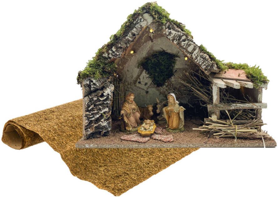 Merkloos Complete kerststal inclusief Jozef Maria en Jezus beelden en ondergrond Kerststallen