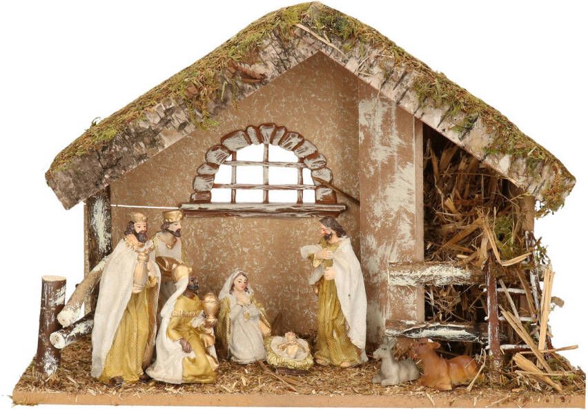 Merkloos Complete kerststal met 8x st kerststal beelden 42 x 19 x 30 cm hout polyresin Kerststallen