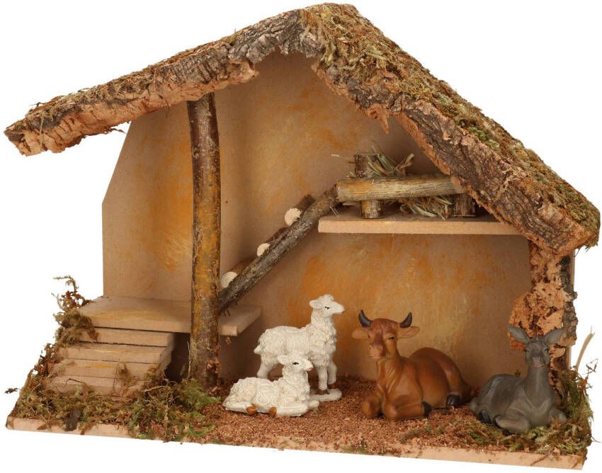 Merkloos Complete kerststal met dieren beeldjes -H28 cm hout mos polyresin Kerststallen