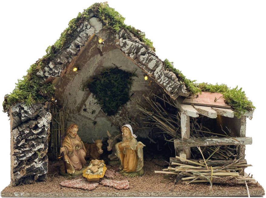 Merkloos Complete kerststal met Jozef Maria en Jezus beeldjes 43 x 20 x 29 cm Kerststallen