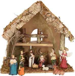 Merkloos Complete kerststal met kerststal beelden -H26 cm hout mos polyresin Kerststallen