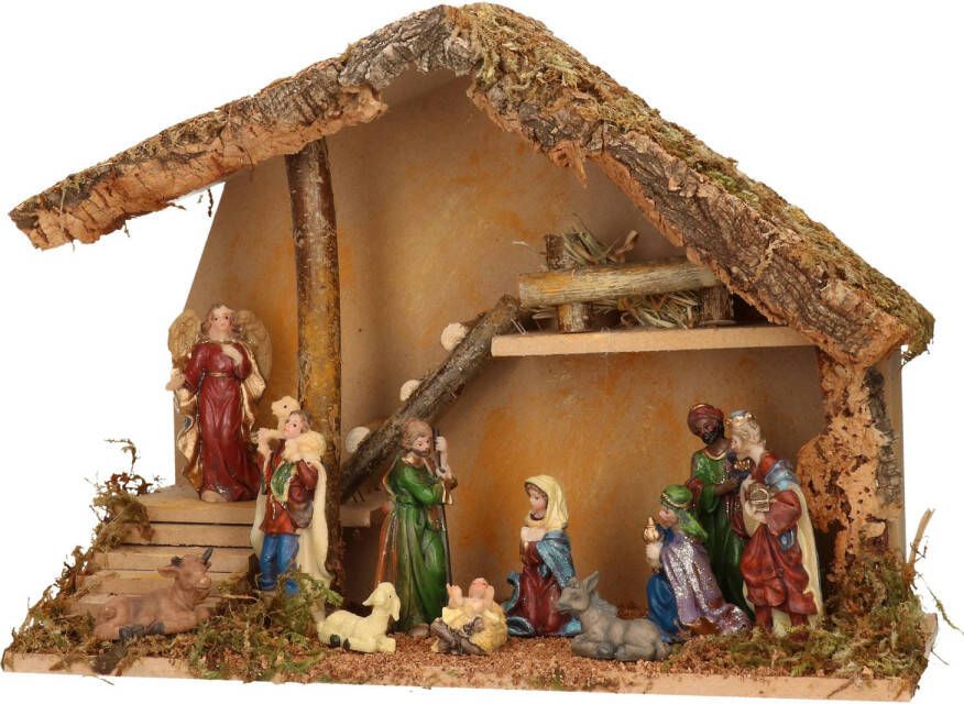 Merkloos Complete kerststal met kerststal beelden -H28 cm hout mos polyresin Kerststallen