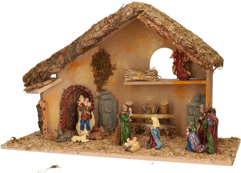 Merkloos Complete kerststal met kerststal beelden -H31 cm hout mos polyresin Kerststallen