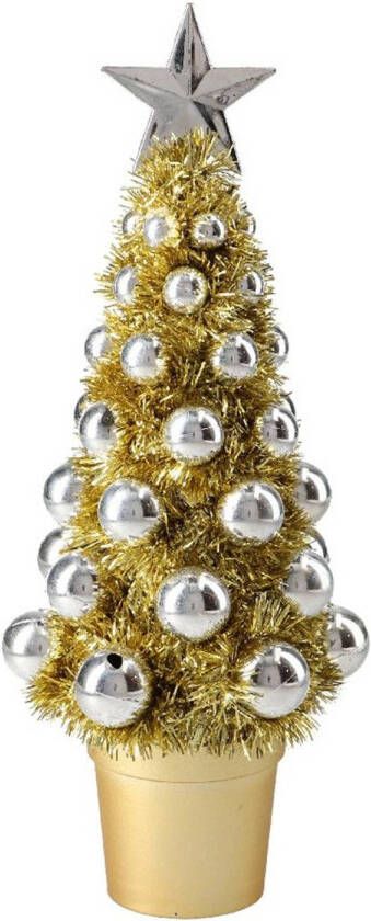 Merkloos Complete mini kunst kerstboompje kunstboompje goud zilver met kerstballen 30 cm Kunstkerstboom