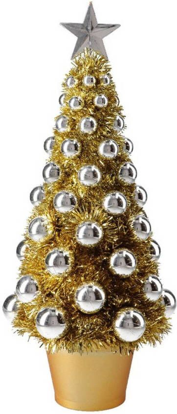Merkloos Complete mini kunst kerstboompje kunstboompje goud zilver met kerstballen 40 cm Kunstkerstboom