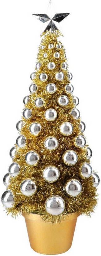 Merkloos Complete mini kunst kerstboompje kunstboompje goud zilver met kerstballen 50 cm Kunstkerstboom